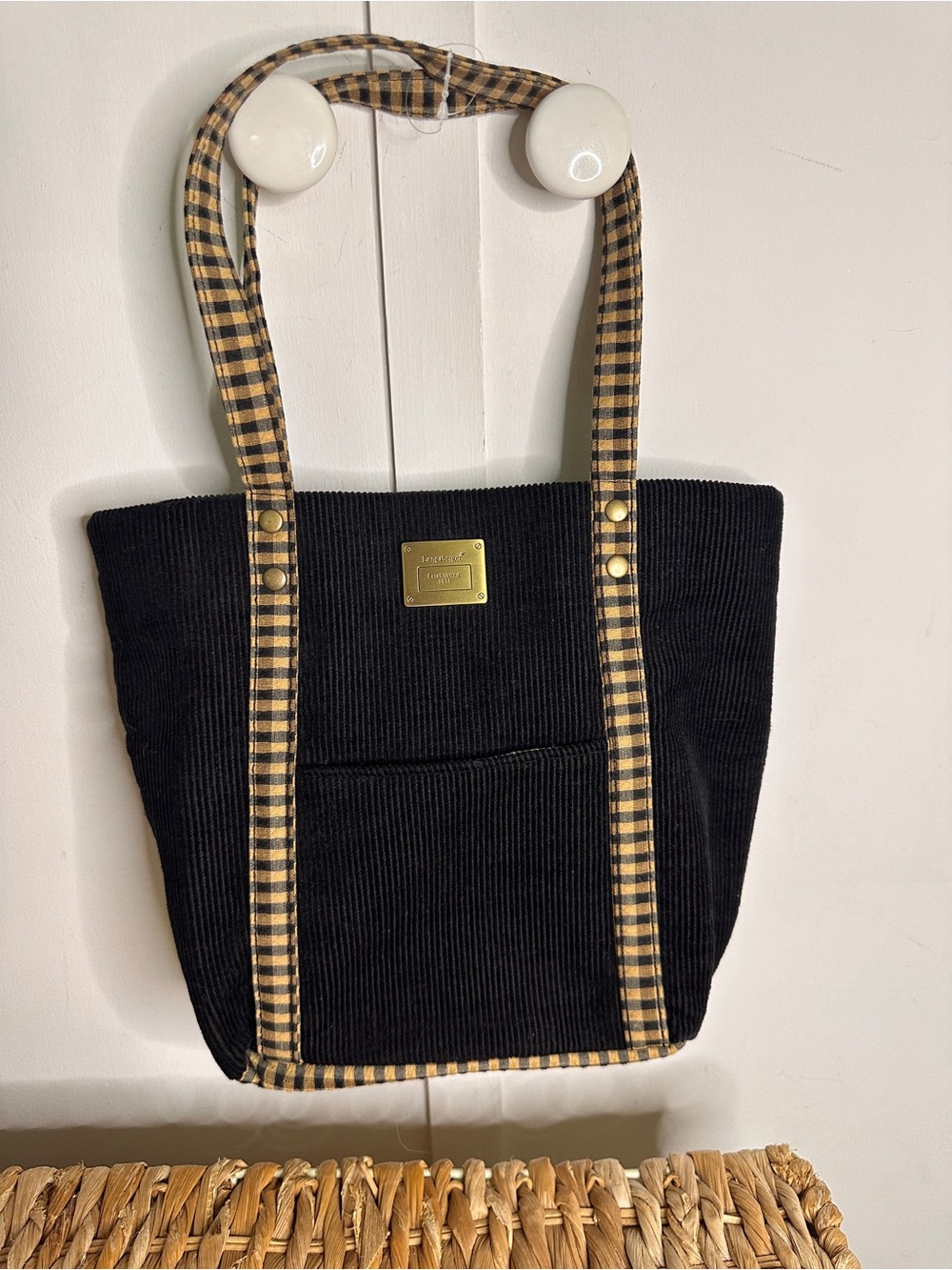 Longaberger Black Corduroy Tote with Yellow Gingham Straps
